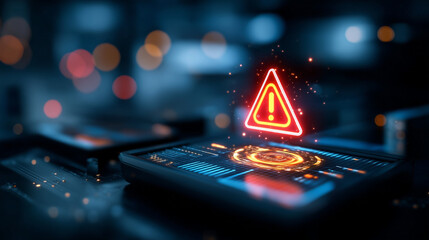 High Tech Warning Alert Hovering Over Holographic Interface On A Sleek Electronic Device