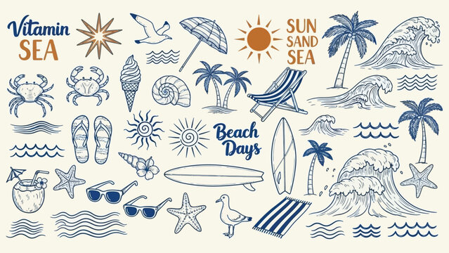 Summer beach collection hand drawn illustrations featuring sun waves and tropical elements
