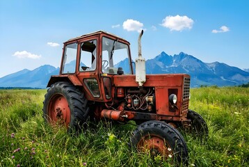 Obraz premium Abandoned Vintage Red Tractor in an Overgrown High Grass Meadow, Rustic Antique Farm Machinery, Countryside Landscape Background