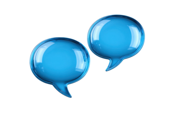 Two translucent blue glass speech bubbles on black background talk communication