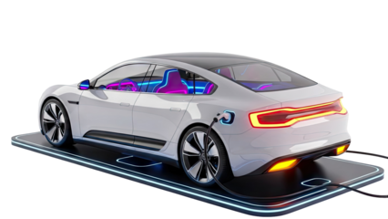 Futuristic white electric car charging on a glowing platform