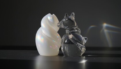 Pair of collectible glass figurines: pearlescent white and smoky gray animal