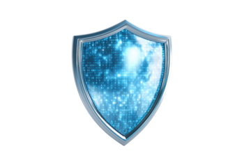 Blue digital shield with binary code and light effects on black background security data