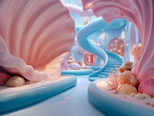 Mermaid-Themed Interactive Zone With Giant Seashell Slides And Pink-Blue Tunnels For Kids