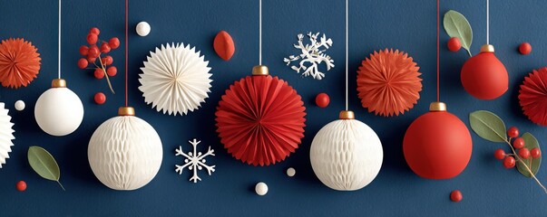 Obraz premium Festive Christmas hanging ornaments in white and red on blue wall backdrop with berries and leaves
