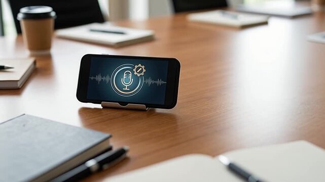Modern Meeting Room with Smartphone on Table for Audio Recording by AI Assistant Setup