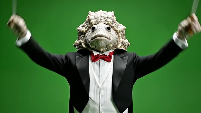 Amphibian Orchestra Leader on Greens Screen Background in a Studio Setting