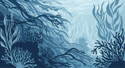 Abstract Underwater Coral Reef and Seaweed Illustration, Blue Ocean Life Background