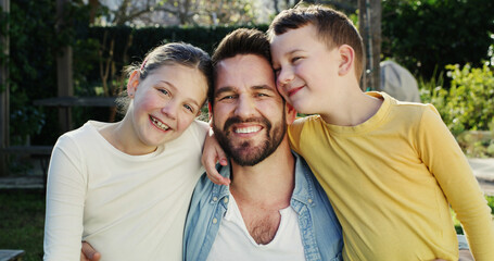 Portrait, father and happy children in backyard with hug, love and affection for bonding together....