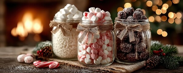 Three glass jars filled with candy and marshmallows, tied with bows, on a festive wooden table