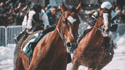 White Turf St. Moritz, Close up view of horses and jockeys racing on snow during White Turf St. Moritz