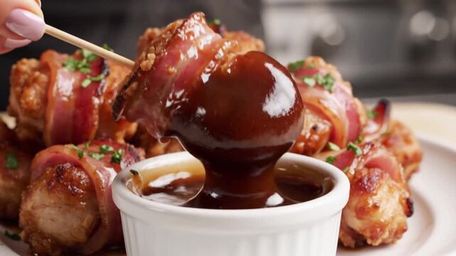 Crispy bacon-wrapped bites, glazed amber, arranged on a plate as a diner picks one with a toothpick