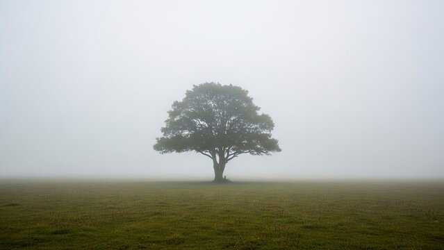 Solitary tree standing in a foggy field with green grass and hazy sky
