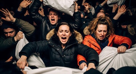 Frenzied crowd fighting and screaming for limited products during a massive sale event.