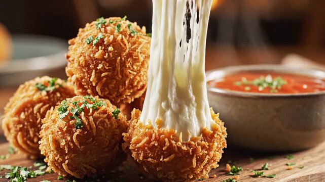 Golden-brown croquettes stack on a wooden board as tongs lift one beside a red dipping sauce nearby