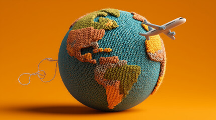 Knitted World Globe With Airplane Toy—Colorful Yarn Map, Travel Theme and Eco Design