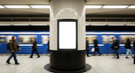 Blank vertical advertising billboard mockup displayed on a busy subway station platform.