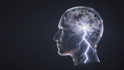 Obraz premium Translucent human head profile filled with stormy clouds and lightning strikes