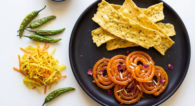 Traditional Gujarati Breakfast Fafda Jalebi with Sambharo and Fried Chillies - Indian Street Food Concept
