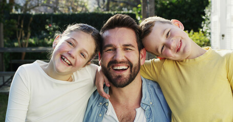 Portrait, father and happy kids in backyard with hug, support and affection for bonding together....