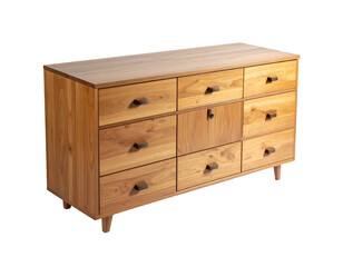 Natural wood dresser with multiple drawers and small cabinet
