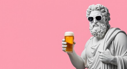 Ancient marble sculpture wearing trendy sunglasses and holding a cold glass of beer on a vibrant pink background.