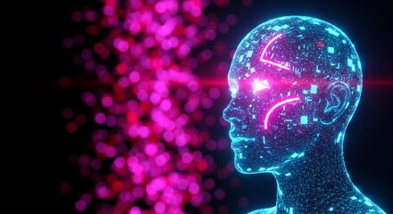 Digital wireframe human head representing Artificial Intelligence and futuristic technology with glowing data background