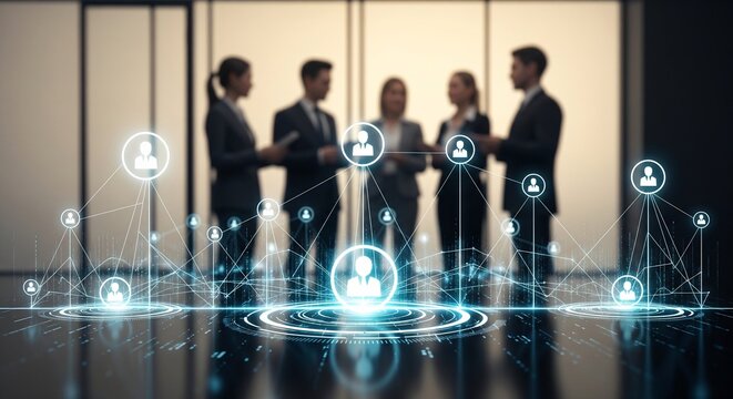 Digital network structure overlaid on blurry business professionals symbolizing human resources and global connection. - Powered by Adobe