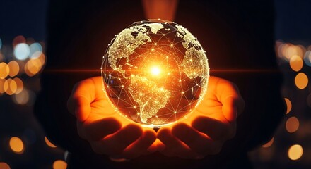 Hands holding a glowing digital Earth globe representing global network connectivity and technology.