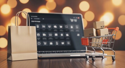 E-commerce checkout process shown with a laptop, shopping cart full of delivery boxes, and a paper bag.