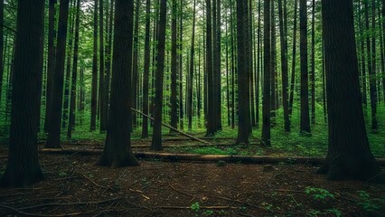 Obraz premium A dense forest with tall straight trees dominating the landscape illuminated by dappled green light