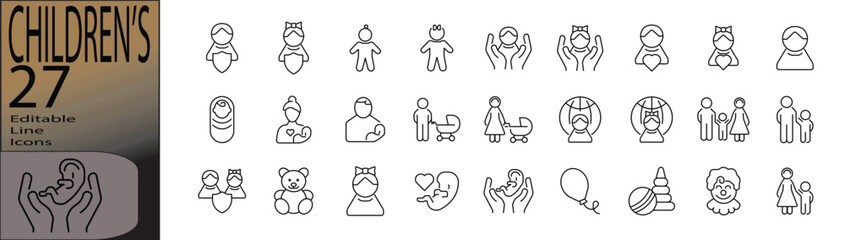 Children's line editable icon set. Editable stroke. Vector illustration.