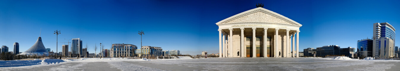 Panorama of Khan Shatyr and the Opera and Ballet Theatre in Astana