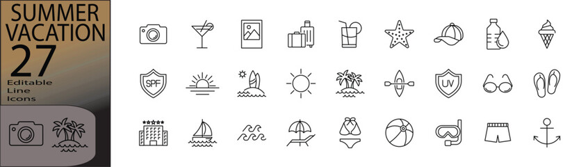 Summer Vacation line editable icon set. Editable stroke. Vector illustration.