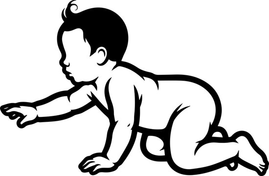Black and white silhouette illustration of a baby crawling, reaching forward with an outstretched hand.