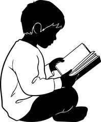 Silhouette of a young boy sitting cross-legged, engrossed in reading a book, symbolizing education and imagination.