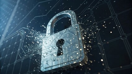 A digital lock appears to shatter, symbolizing cybersecurity vulnerabilities and data protection in a technology-driven environment.
