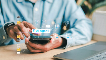 Artificial intelligence technology concept showing AI icon and digital interface with person using smartphone and laptop computer, symbolizing innovation, data analysis, and smart automation.