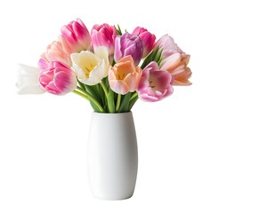 Vibrant pink, white, yellow, orange, purple tulips arranged in a sleek white ceramic vase, symbolizing spring,, isolated on transparent background © SHORON