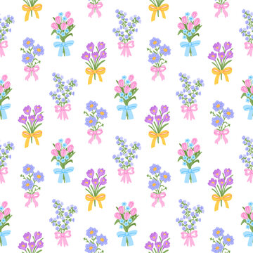 Preppy seamless pattern with bouquets of flowers bell flowers, tulips, crocus and bow ribbon. Floral background for fabric, wallpaper or wrapping paper. Spring or summer season