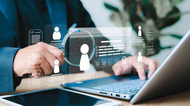 Hr, HRM, Human resources management concept. Check resume, Screening employee information, job applicants, Employees must complete the online survey form, answer the test questions.