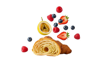 Golden flaky croissant cut in half with a dynamic array of vibrant fresh berries and exotic passion fruit creating a healthy balanced breakfast