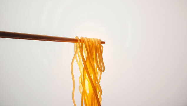 Hot Noodles Being Lifted with Chopsticks, Asian Food Concept with Steam and Motion