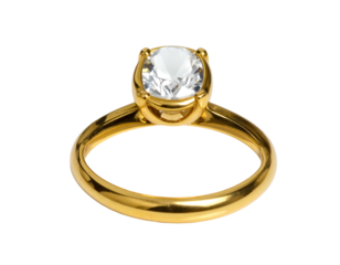 Gleaming gold ring cradles a sparkling, clear, faceted gem