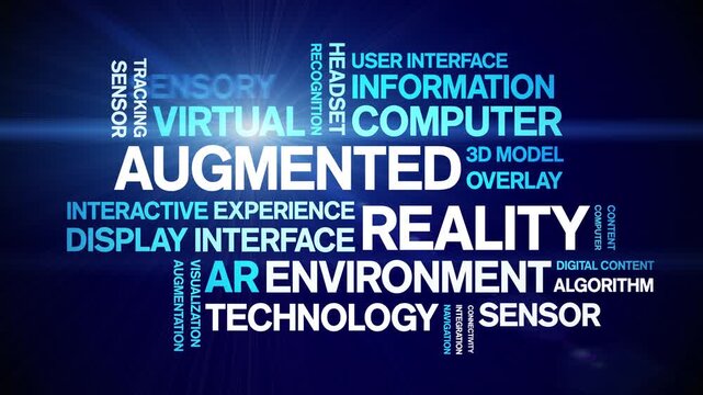 Augmented Reality animated word cloud-text design animation tag kinetic typography seamless loop.