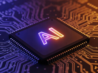 Close-up of a glowing AI chip on a circuit board with intricate pathways and neon lights
