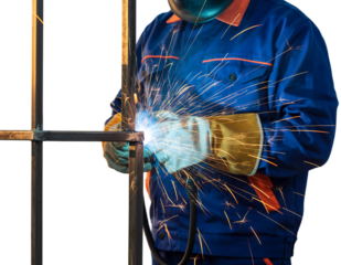 Welder in blue uniform, orange trim, leather gloves, actively arc welding metal frame, creating bright light,, isolated on transparent background