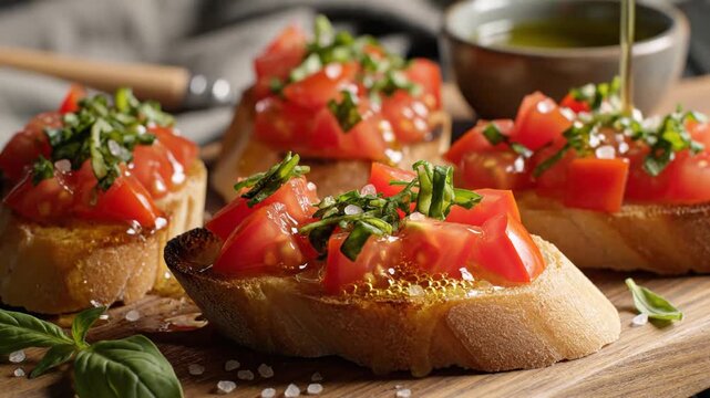 Rustic bruschetta toasted baguette slices with tomatoes, basil, olive oil, and sesame, vibrant now!
