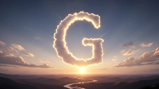 A majestic letter G formed by glowing clouds in a vast sky at sunrise or sunset over a scenic landscape with a winding river.