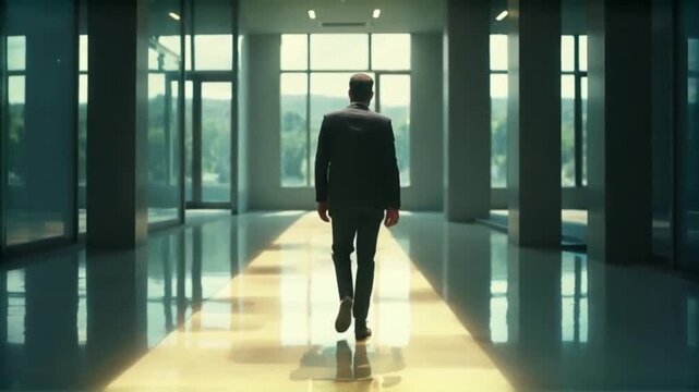 Ambitious businessman moving forward in modern office, conceptual success video